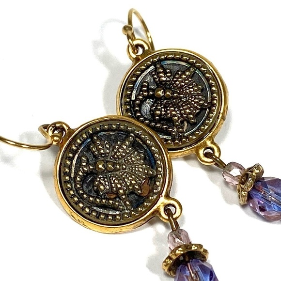 Earrings Dangles Drops Gold Tone Purple Crystals Buttons - Picture 9 of 11